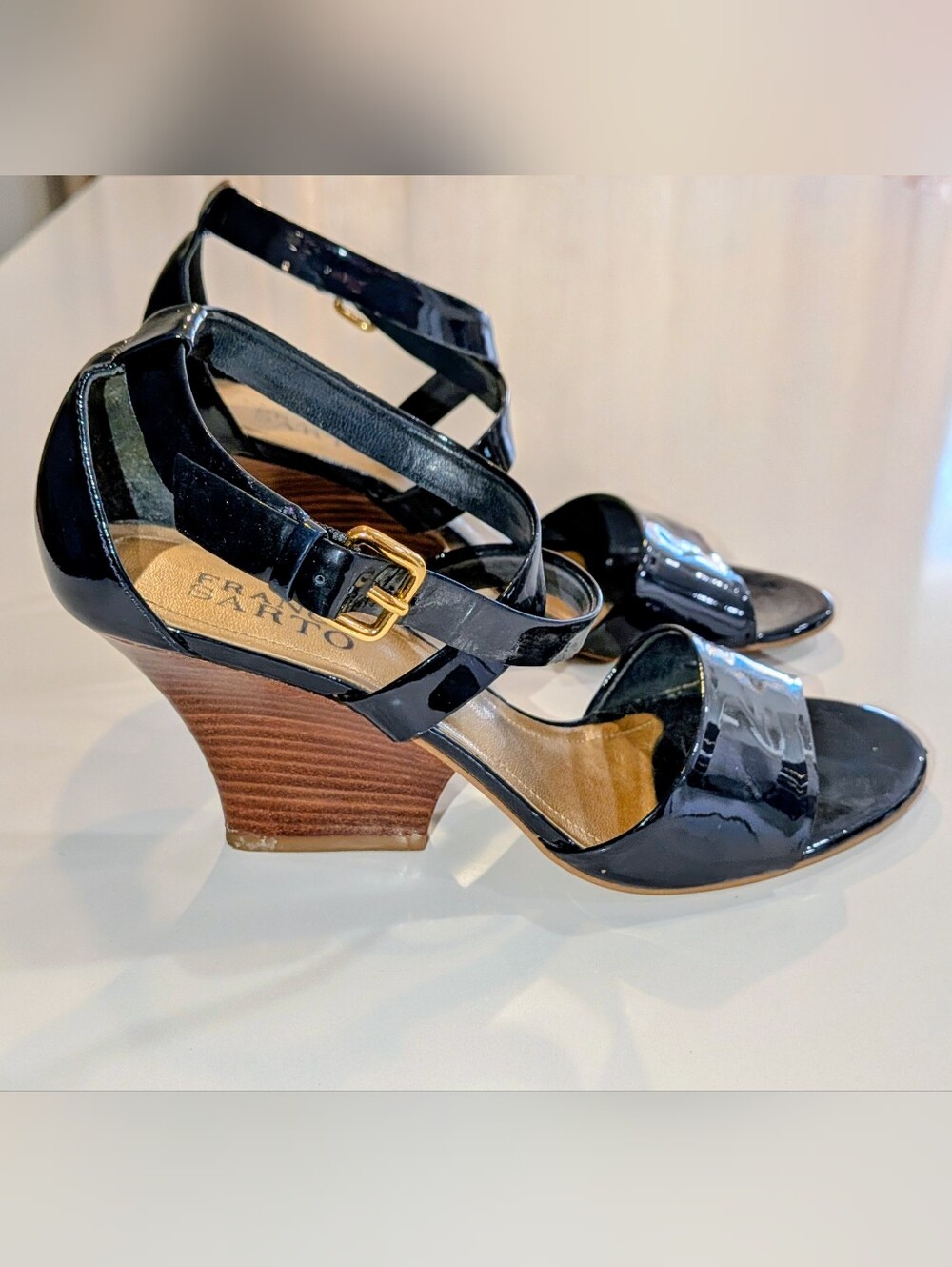 Franco Sarto Black Patent Leather Strappy Wedge Sandals -